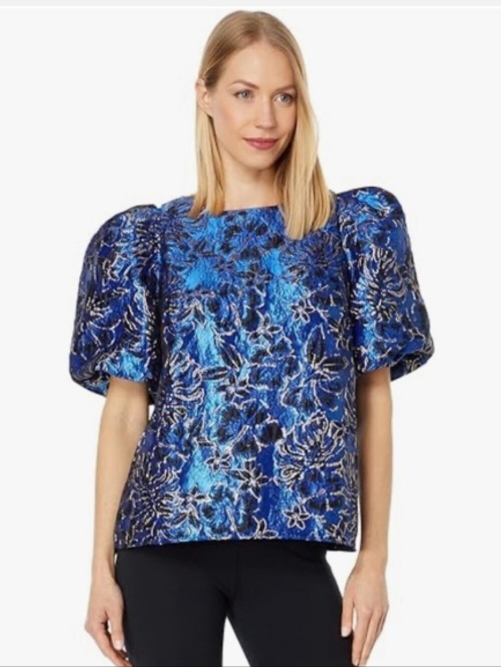 Lilly Pulitzer Royal Blue Brocade Puff-Sleeve Top Sz 14